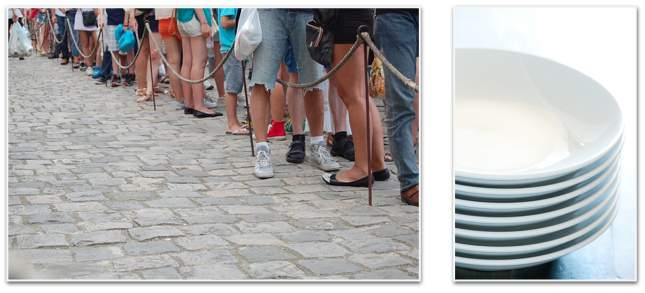 Think of a queue as a line of people, and a stack as a pile of plates.