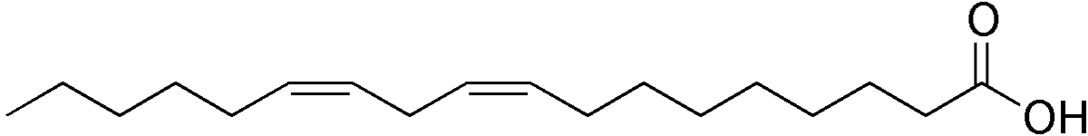 line structure of linoleic acid. Note that the unsaturated bonds are all in the <em>cis</em> conformation.