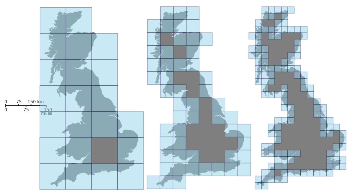 This picture estimates the Minkowski dimension of Great Britain by covering it with boxes of smaller and smaller size.