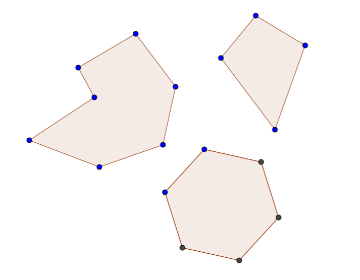 Top to bottom, left to right: random polygon, kite, hexagon