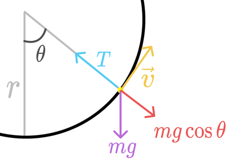 Free Body Diagram of the particle after it has swung through an angle \(\theta\)