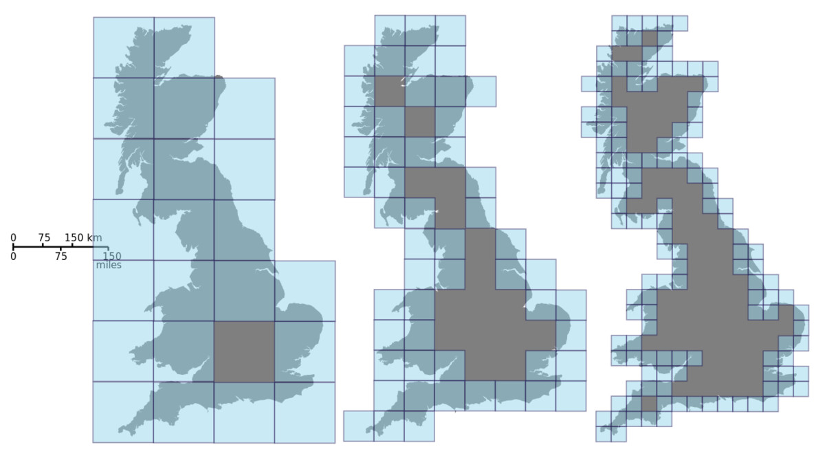This picture estimates the Minkowski dimension of Great Britain by covering it with boxes of smaller and smaller size.