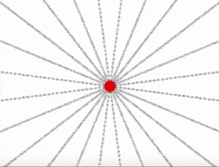 As the red charged particle accelerates to the right, the oscillation of its electric field moves outward at the speed of light.