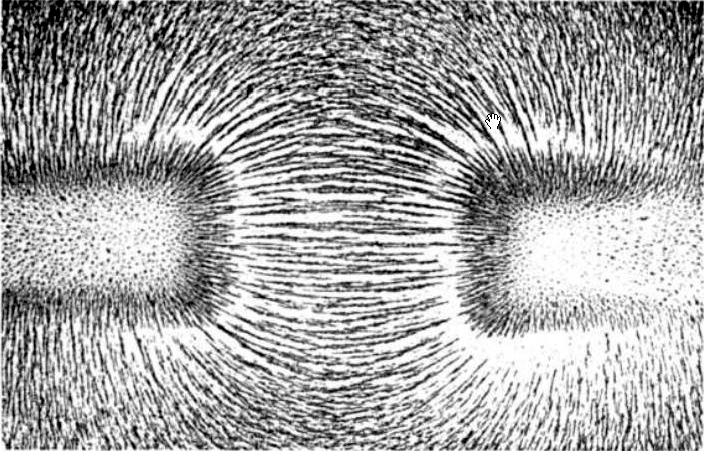 The magnetic fields of two north poles of different magnets interact to produce field lines in iron filings. Wikimedia