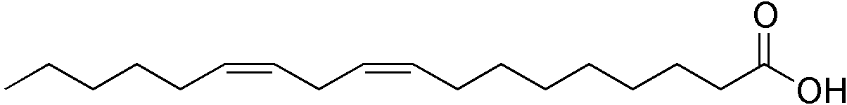 line structure of linoleic acid. Note that the unsaturated bonds are all in the <em>cis</em> conformation.