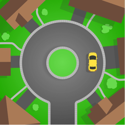 Car in uniform circular motion about a cul-de-sac.
