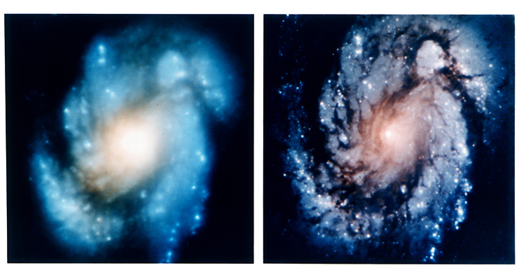 Images taken of the same Galaxy (M100) before and after NASA corrected a mistake on the Hubble telescope of 2 microns.