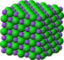 The unit cell for sodium chloride shows ordered, closely-packed ions. Public domain image.
