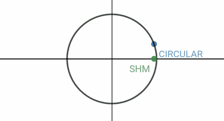 Animation shows the trajectories of a particle in SHM and a particle undergoing Circular Motion with same frequency