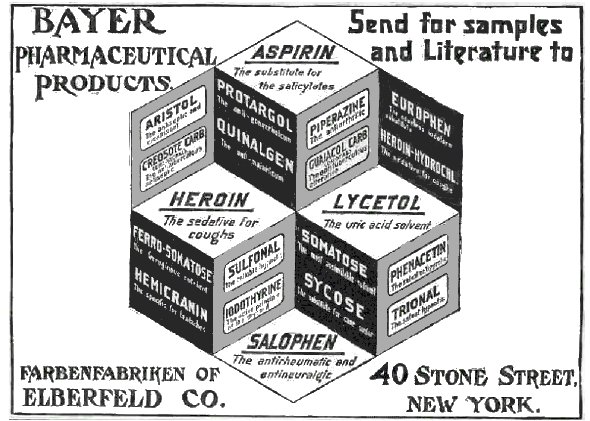 An early advertisement for Bayer products. This media file is in the public domain in the United States. This applies to U.S. works where the copyright has expired, often because its first publication occurred prior to January 1, 1923.