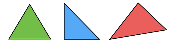 An equilateral triangle, a right triangle, and a scalene triangle