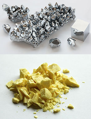 Chromium, a metal and sulfur, a non-metal