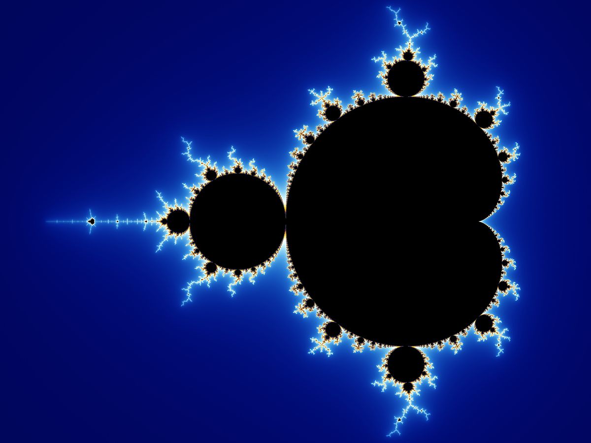 The fractal known as the Mandlebrot set. The complex quadratic map converges wherever the plot is black, and diverges at a rate according to the intensity of color elsewhere. By Wolfgang Beyer, CC BY-SA 3.0, https://commons.wikimedia.org/w/index.php?curid=321973