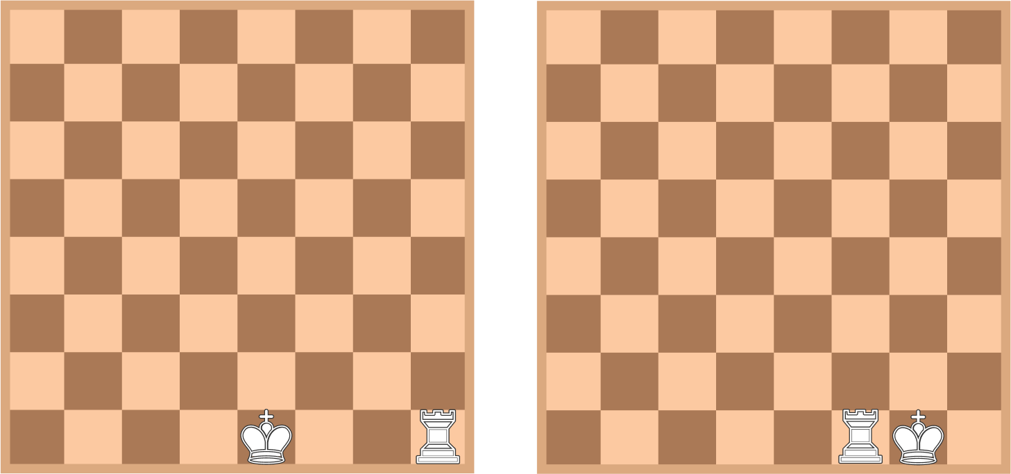 <strong>Left:</strong> the position before castling kingside. <strong>Right:</strong> the position after castling kingside