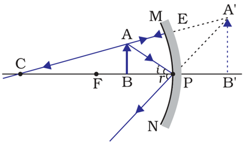 Image formation when the object is placed between the focus and the pole.